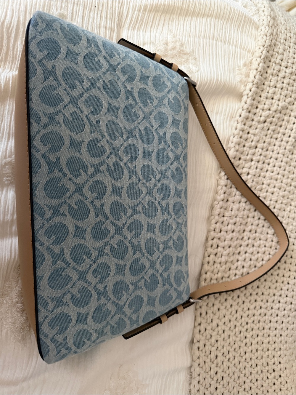 GUESS Blue Denim Cherry Print Shoulder Bag with Tan Trim - Picture 2 of 3